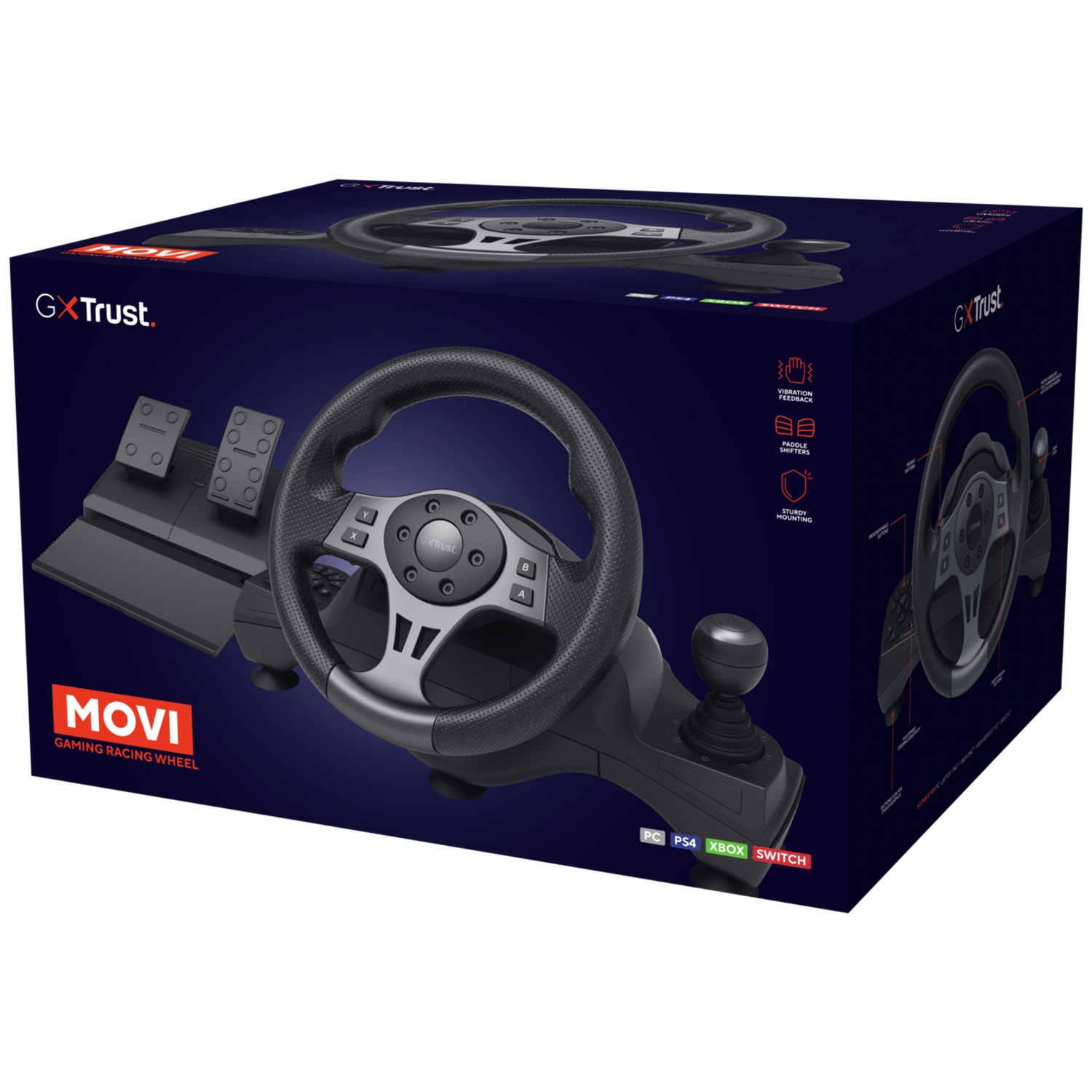 Boîte d'un volant de course GXT Trust noir avec pédales et levier de vitesse.