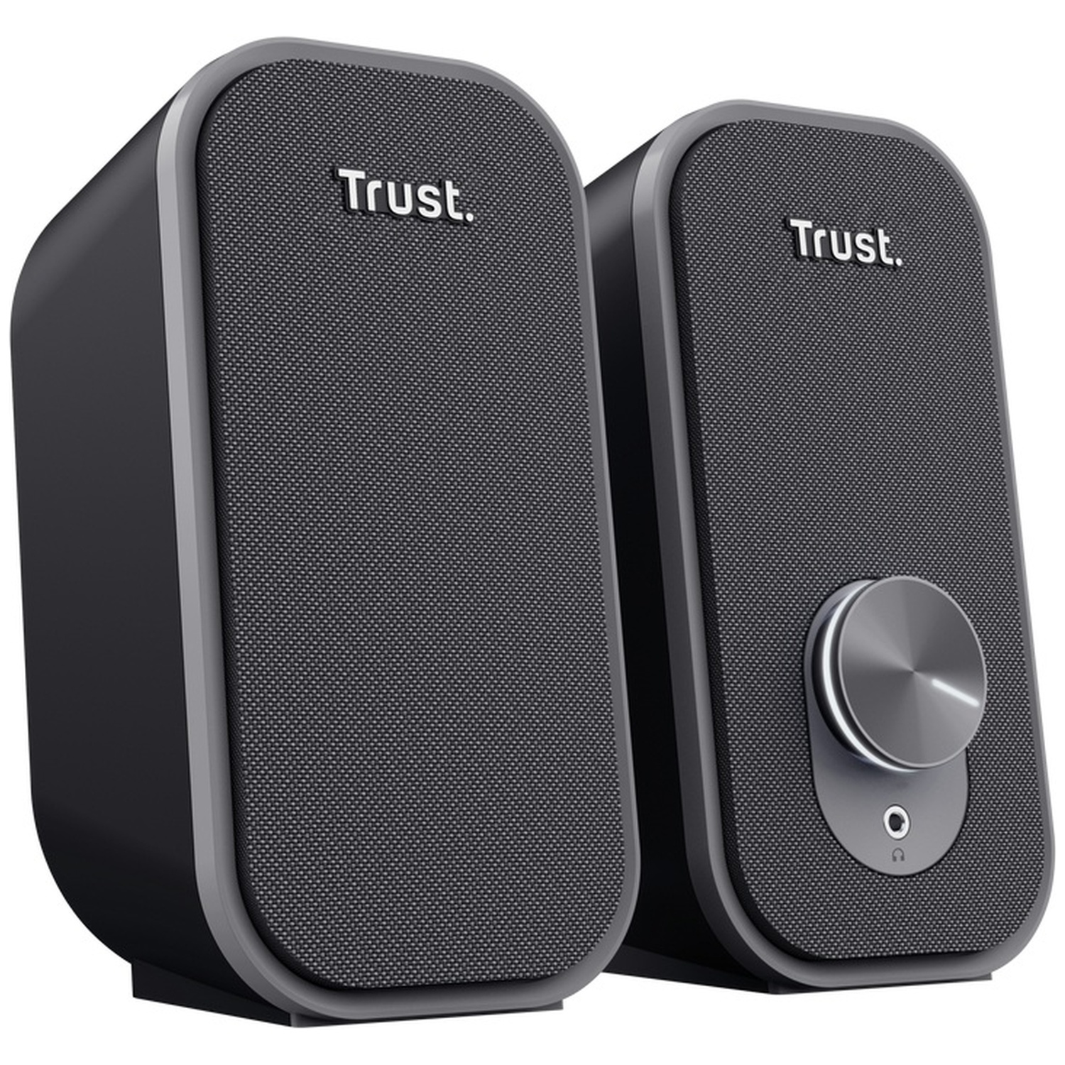 Deux haut-parleurs Trust noirs avec façade en tissu et cadran argenté.