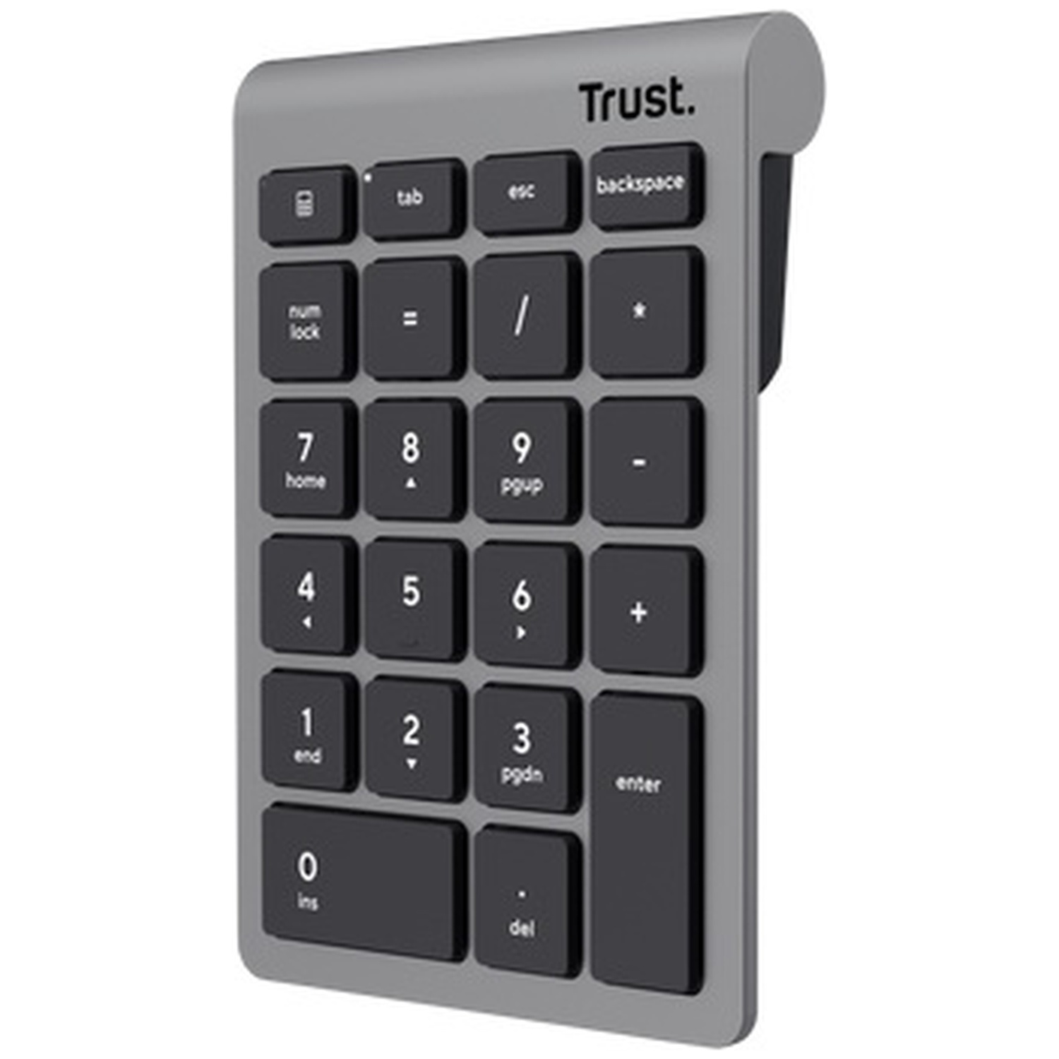 Gray Trust numpad with black keys, keys are labeled with numbers and functions.