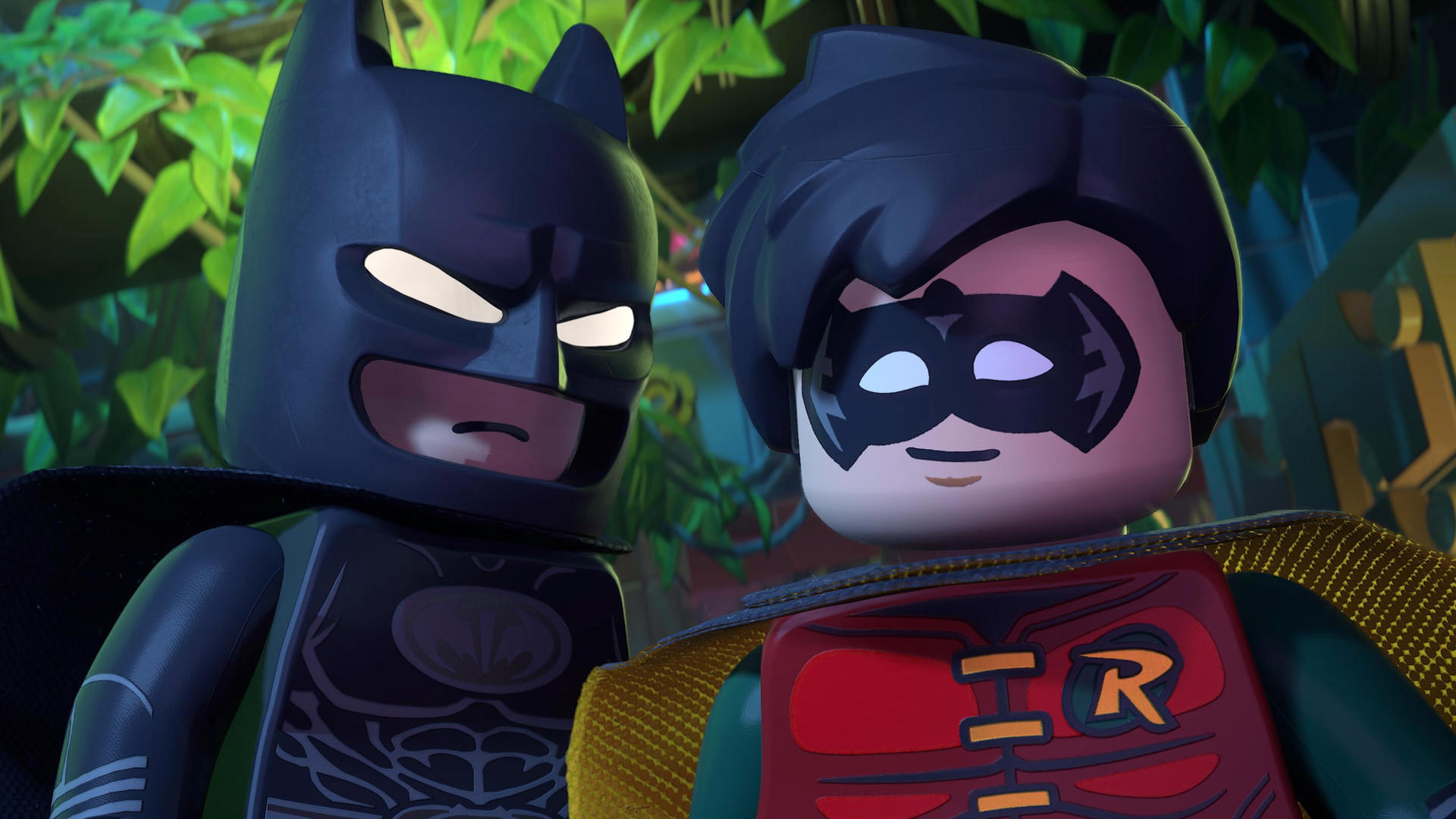 Lego Batman und Robin stehen sich in einer dschungelartigen Umgebung gegenüber.