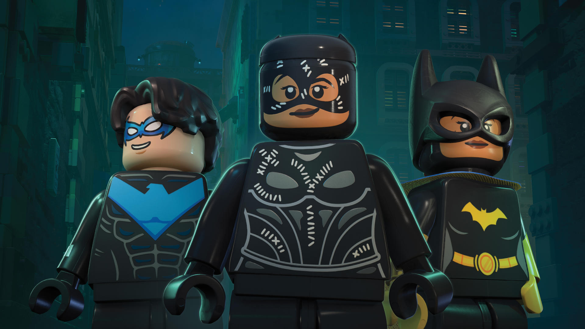 Drei Lego-Superhelden: Nightwing, Catwoman und Batgirl stehen vor einer Stadtkulisse.