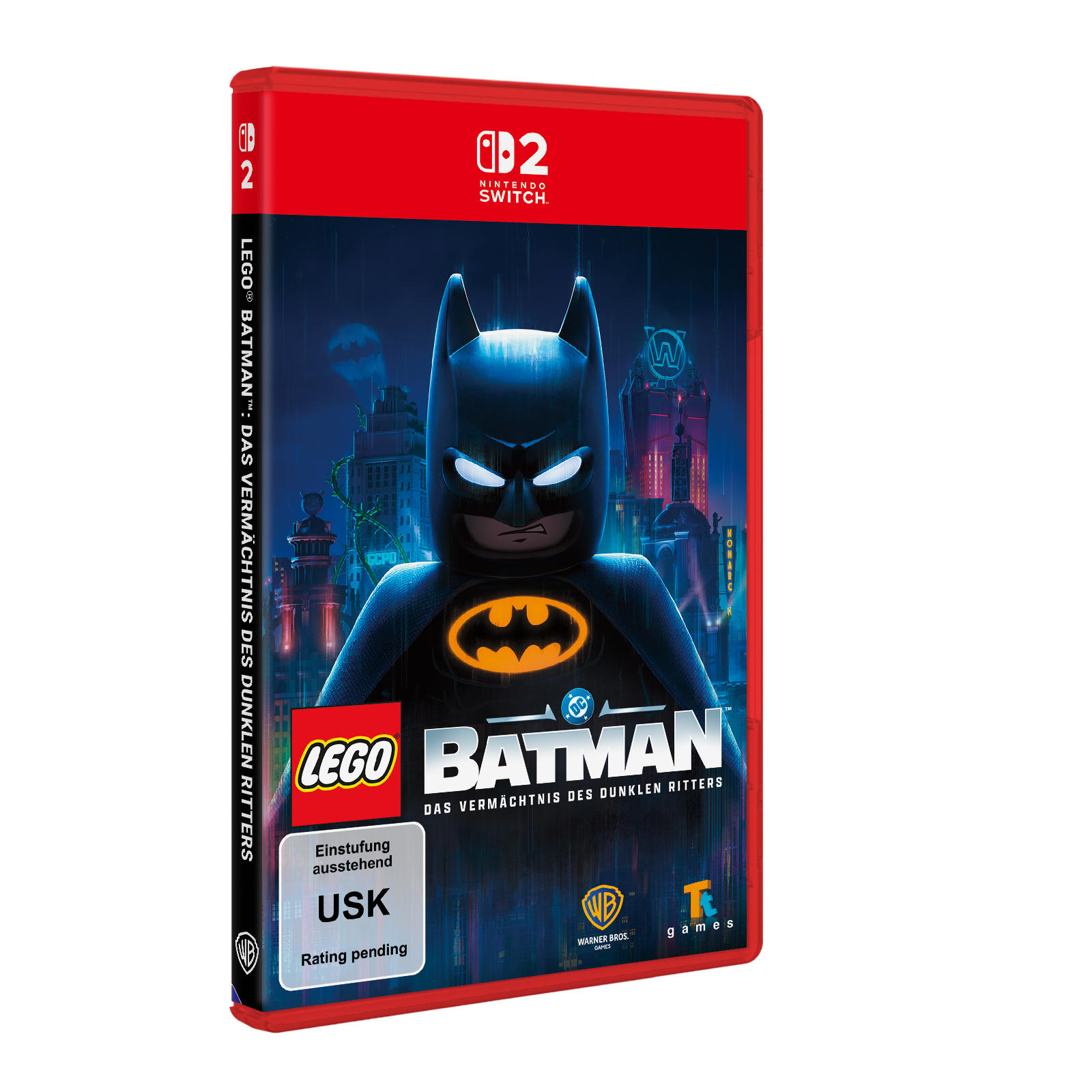 Nintendo Switch Hülle mit Lego Batman, Hintergrund Gotham City.