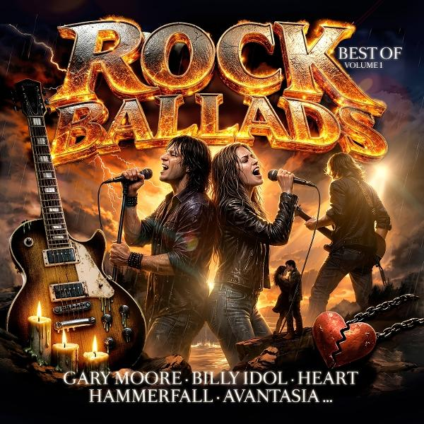 Rock Ballads Albumcover mit Sängern, Gitarre, Kerzen und zerbrochenem Herzen.