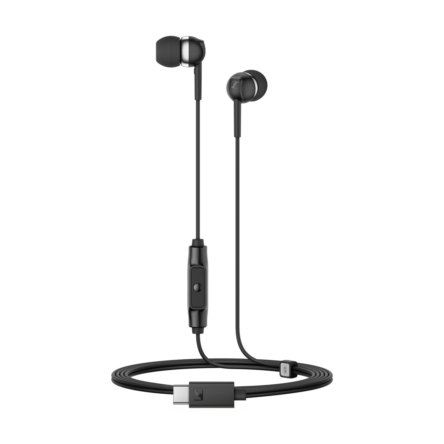 Auricolari neri con connettore USB-C e microfono in linea.