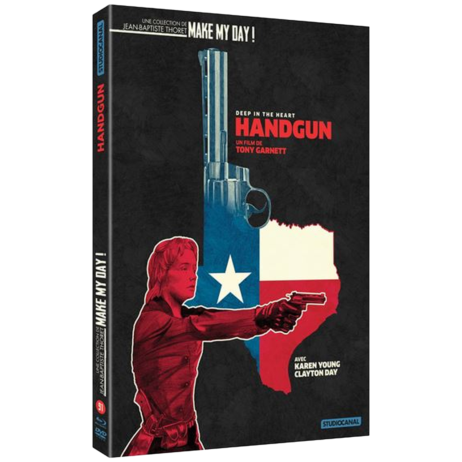 Filmcover met vrouw die pistool vasthoudt boven Texas-kaart.