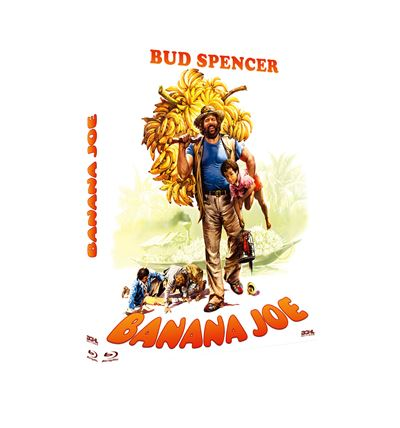 Bud Spencer porte des bananes; des hommes s'accroupissent en bas. Titre: Banana Joe.