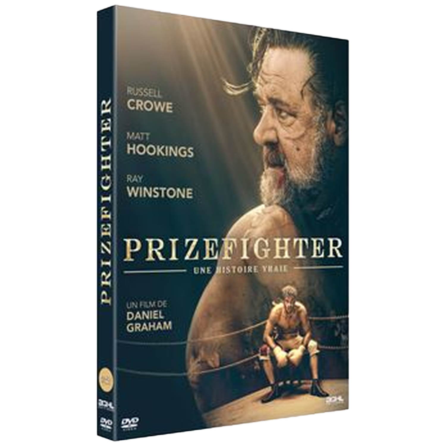 Couverture DVD avec Russell Crowe. Un boxeur assis dans un ring. Titre : PRIZEFIGHTER.