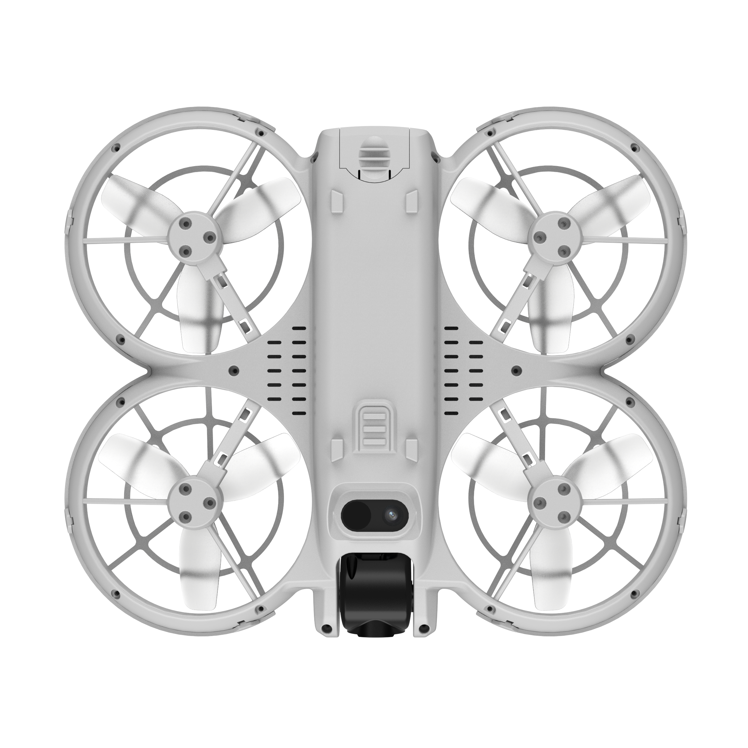 Ein weißer Quadrocopter mit vier Propellern und einer Kamera auf schwarzem Hintergrund.