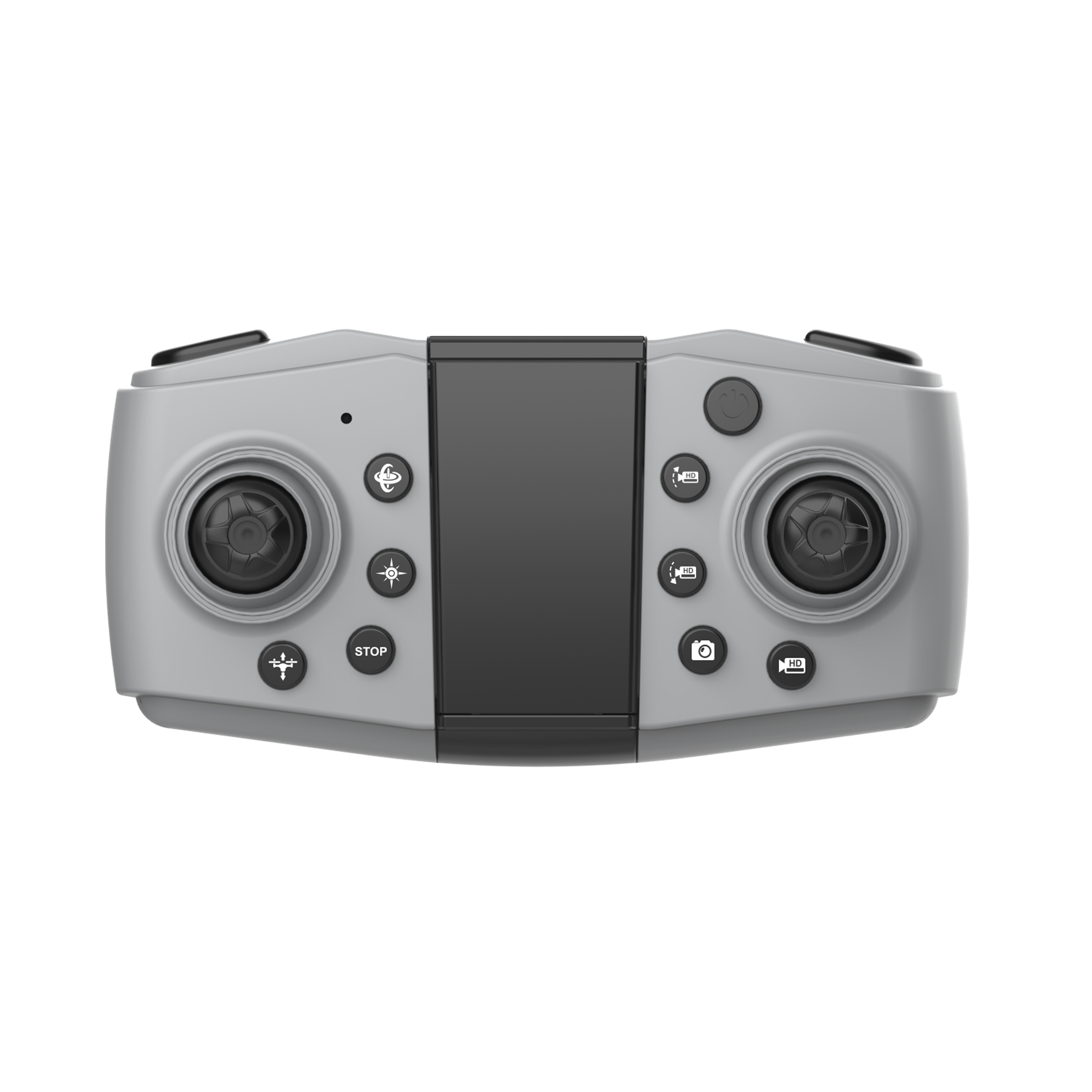 Grauer Drohnen-Controller mit Joysticks, Tasten und einem schwarzen Bildschirm.
