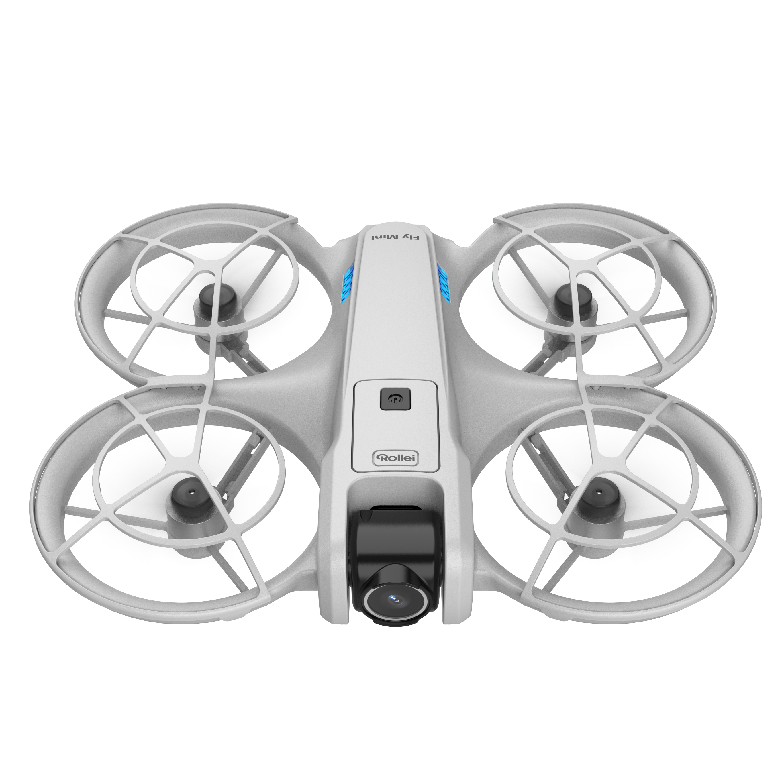 Ein weißer Mini-Drone mit Kamera und blauen Lichtern auf schwarzem Hintergrund.