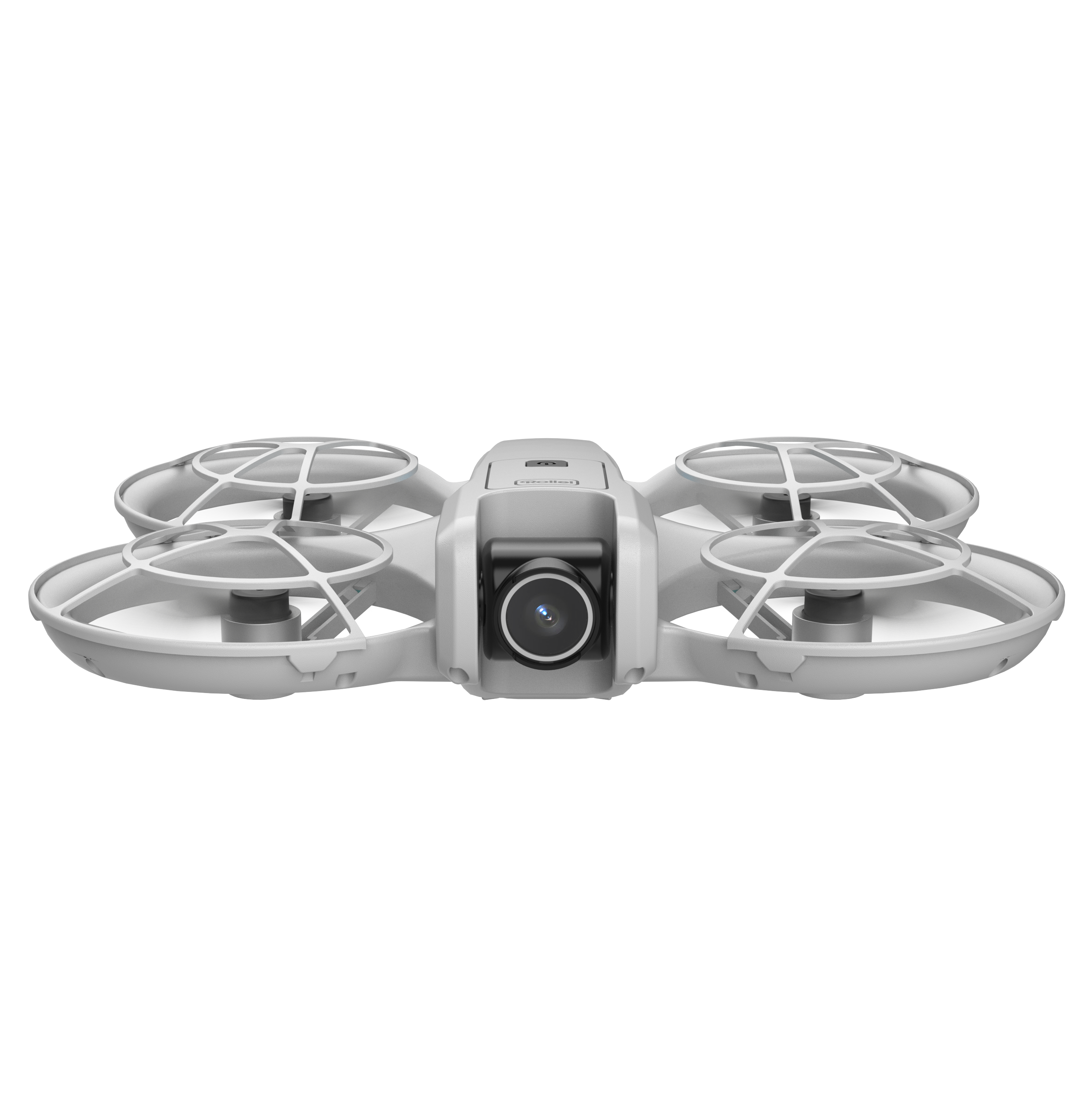 Ein weißer Quadrocopter mit Kamera und Propellerschutz auf schwarzem Hintergrund.