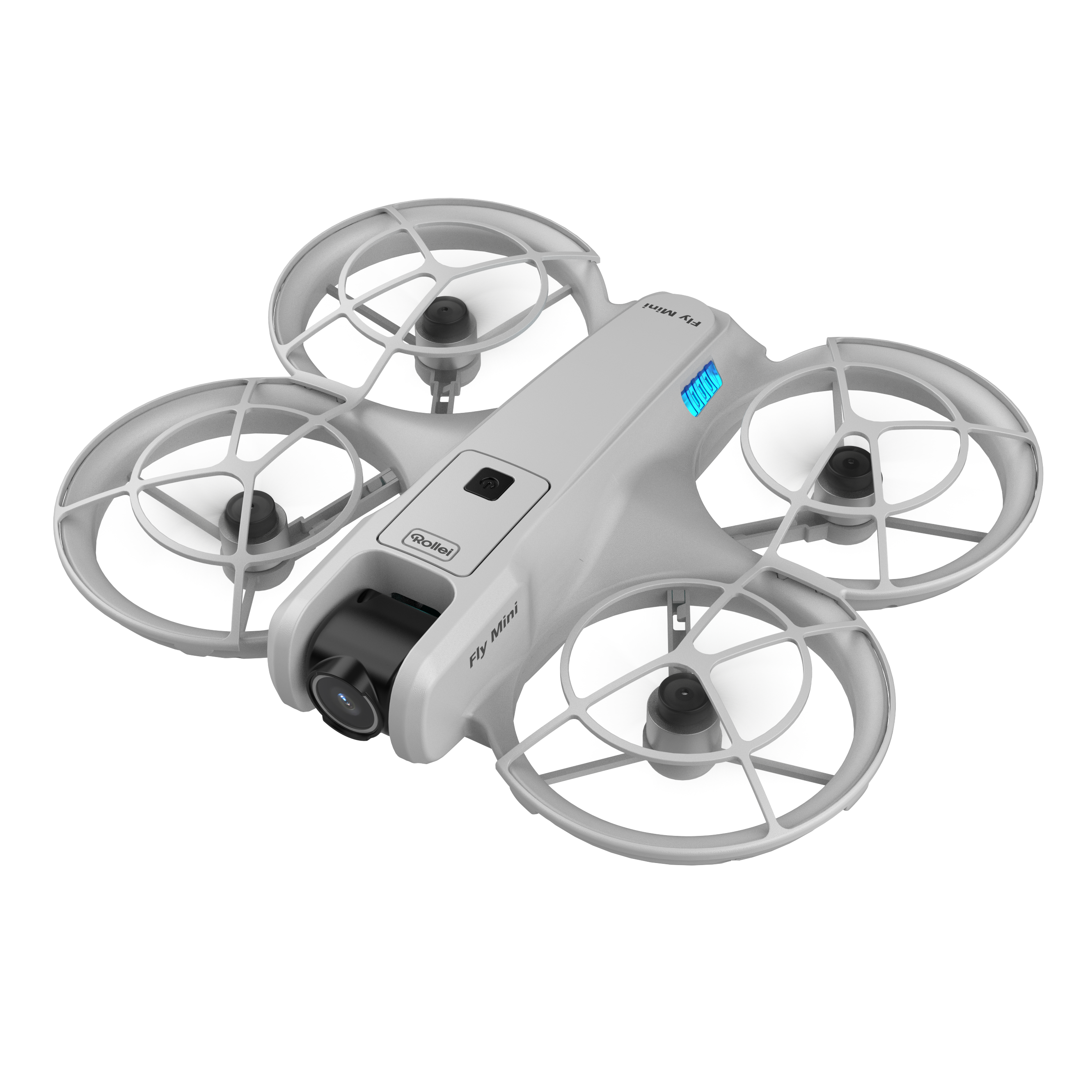 Ein weißer Mini-Quadrocopter mit Kamera und blauer LED-Anzeige.