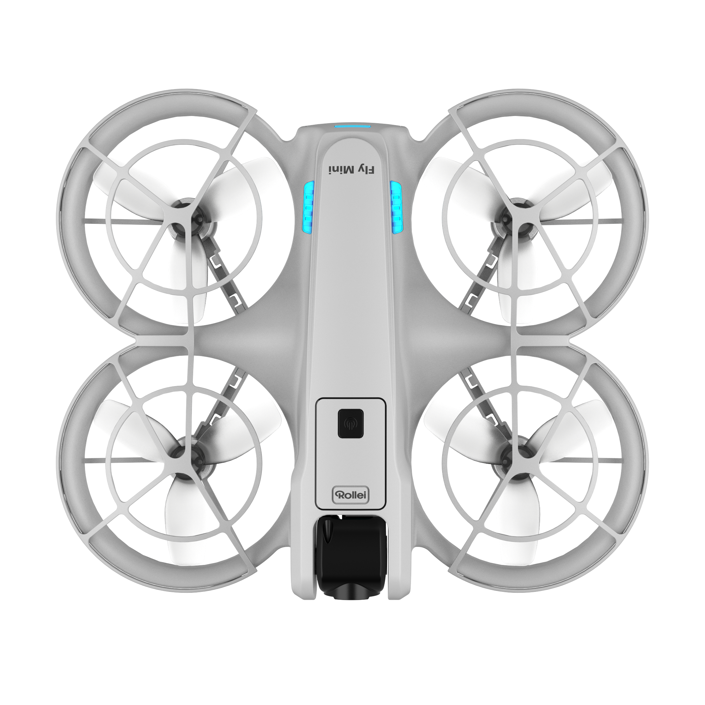 Ein weißer Mini-Drone mit vier Propellern und blauen Lichtern auf schwarzem Hintergrund.