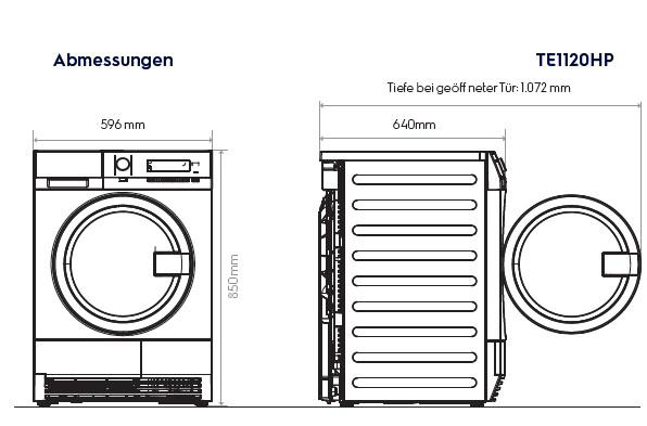Technische Zeichnung eines Trockners mit Maßen: 59,6 cm breit, 85 cm hoch, 64 cm tief.