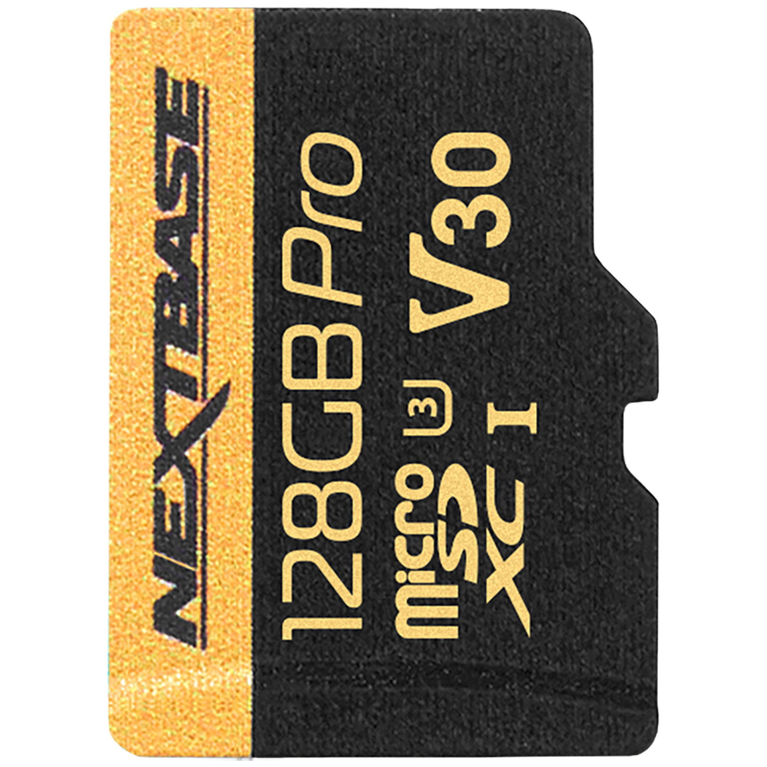 Nexbase 128GB Pro Micro SDXC V30 memory card with gold lettering on black background.