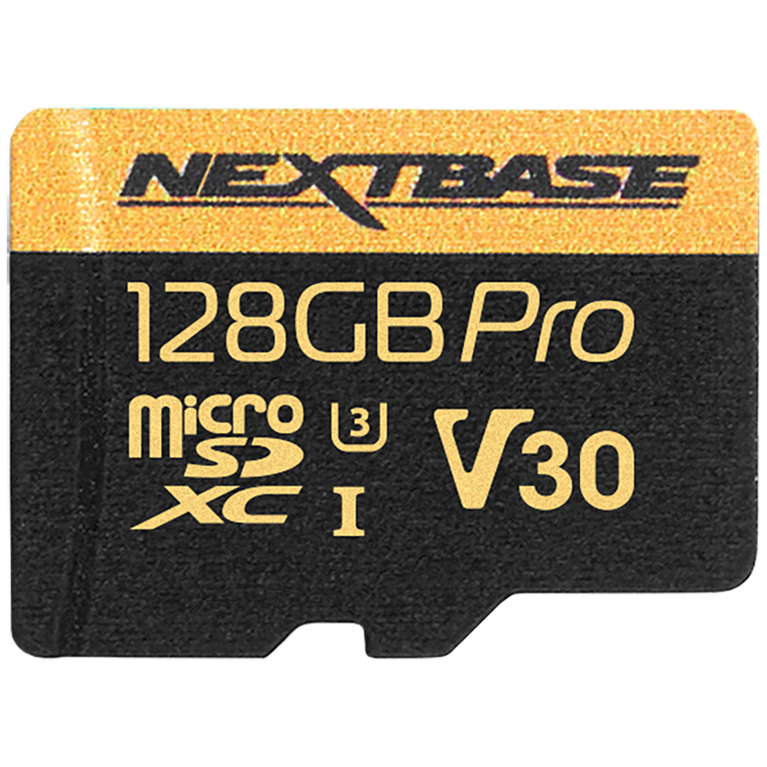 A gold NEXTBASE 128GB Pro Micro SD XC I V30 memory card.