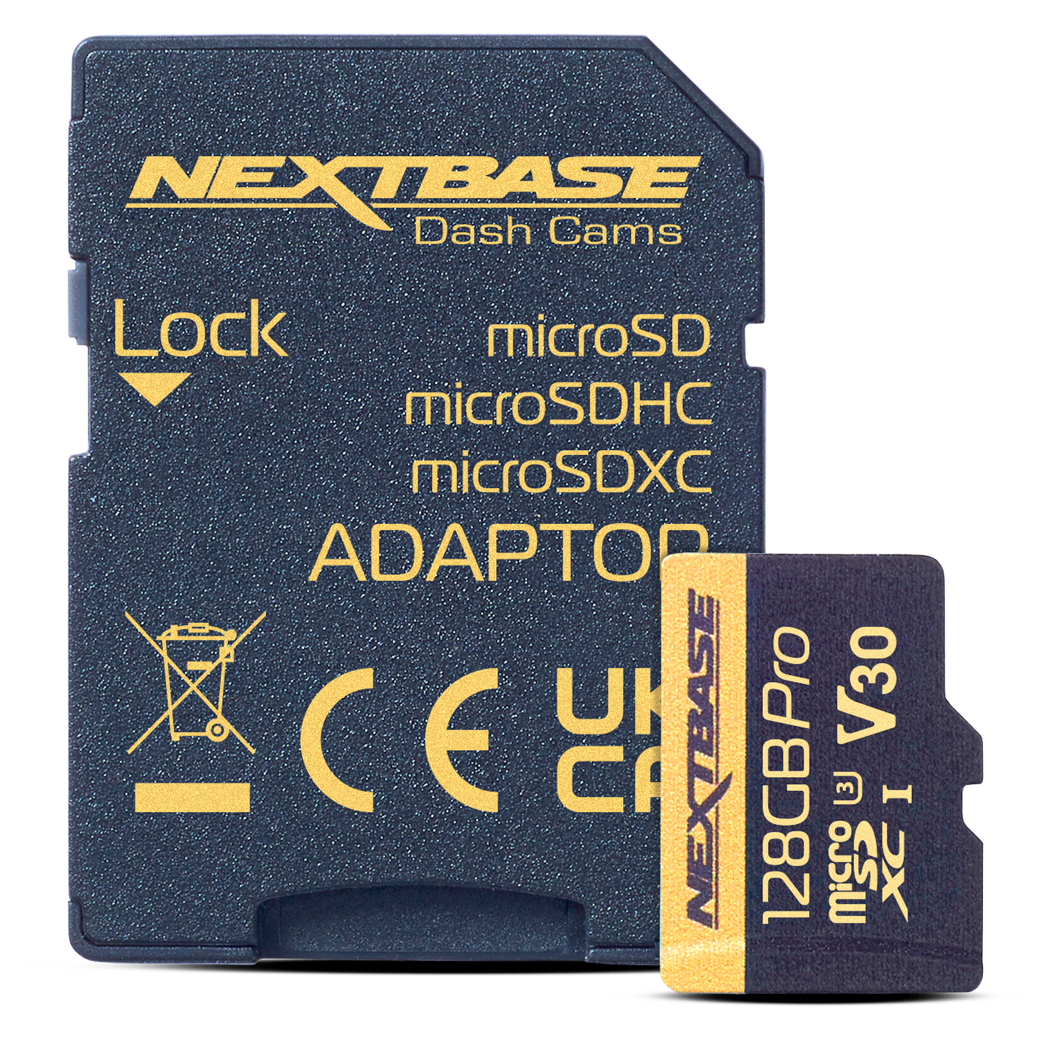 A Nextbase 128GB microSD card and adapter are shown side-by-side.