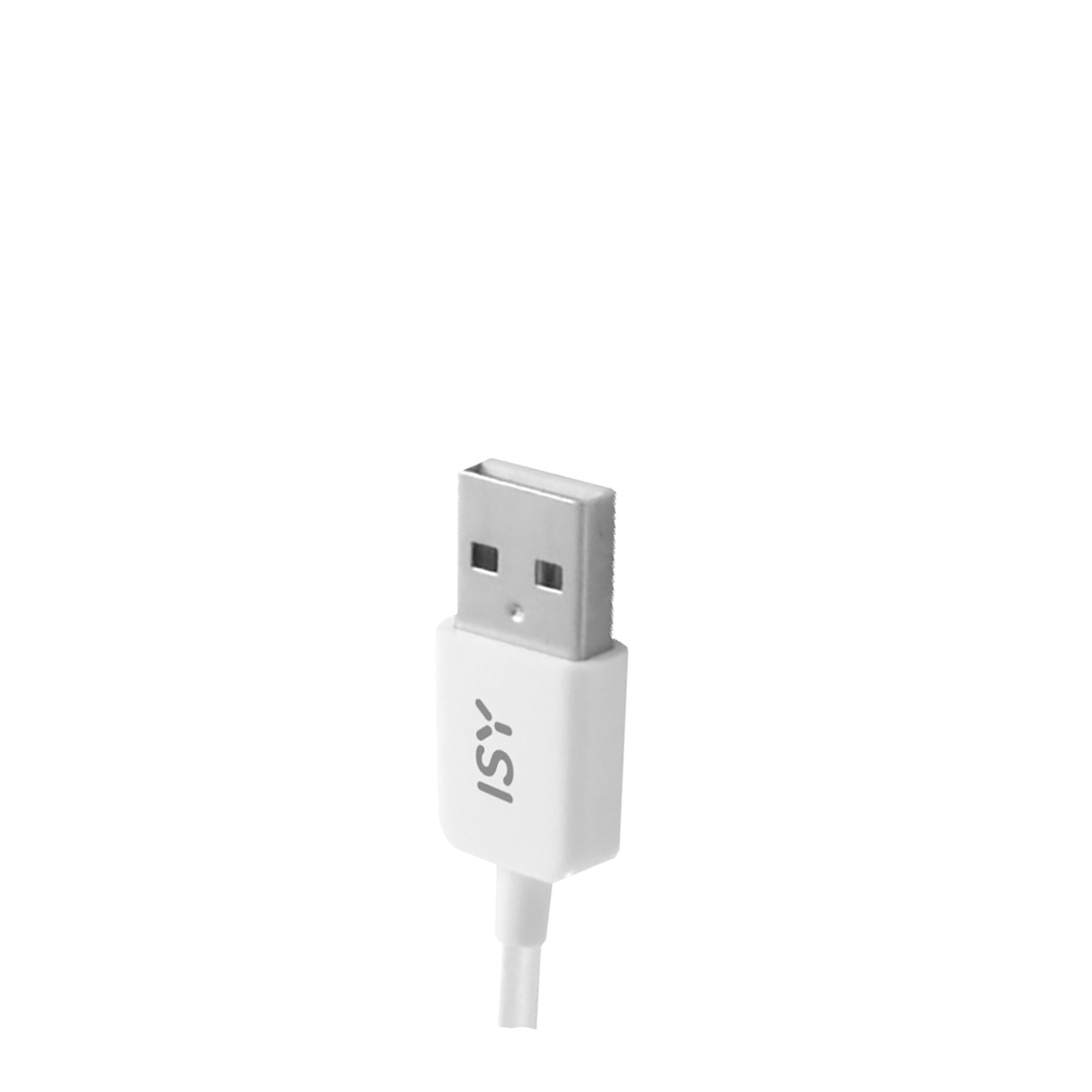 Un cavo USB bianco con connettore e logo argentati.