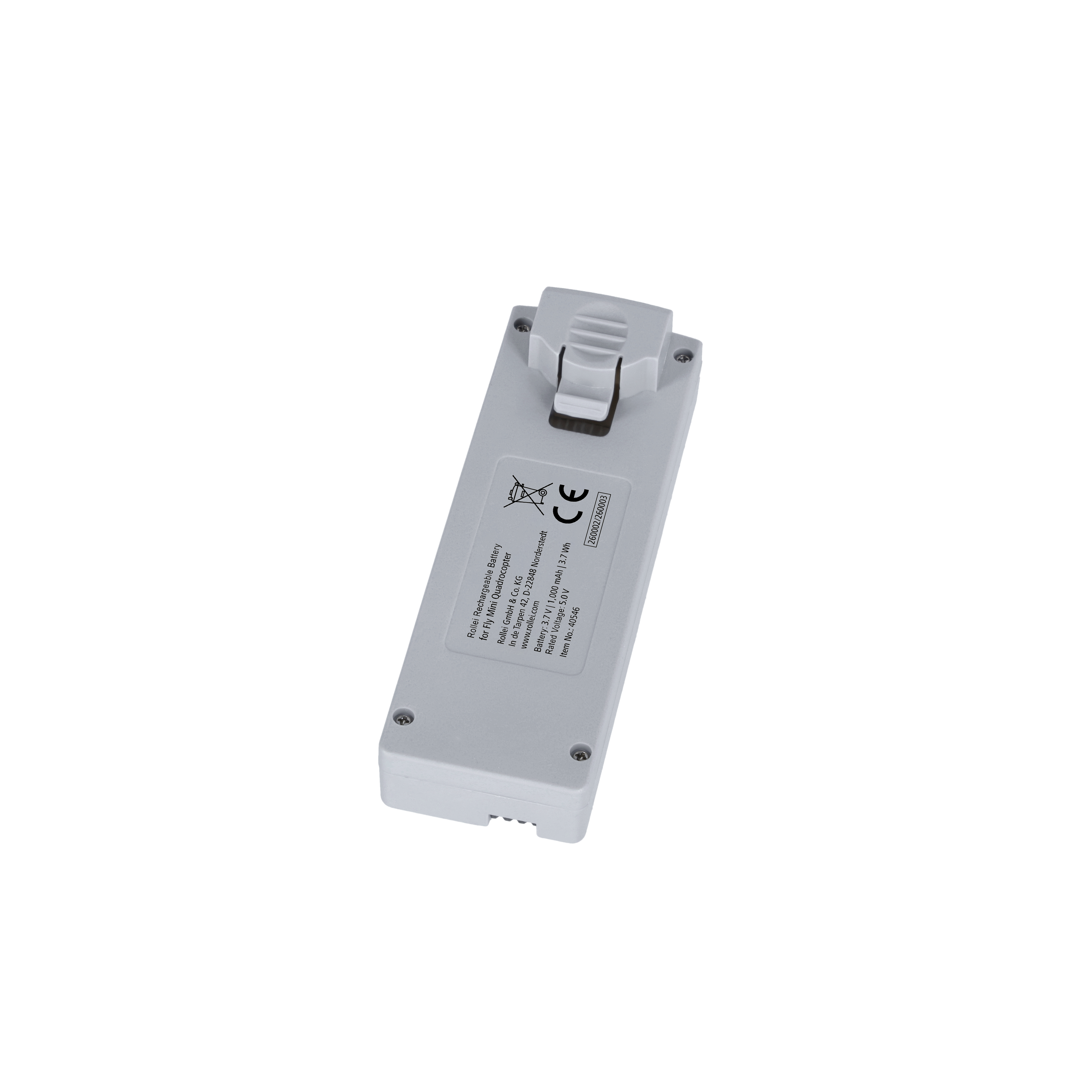 Grauer Akku für Mini-Drohne. Enthält CE-Zeichen und Produktinformationen.