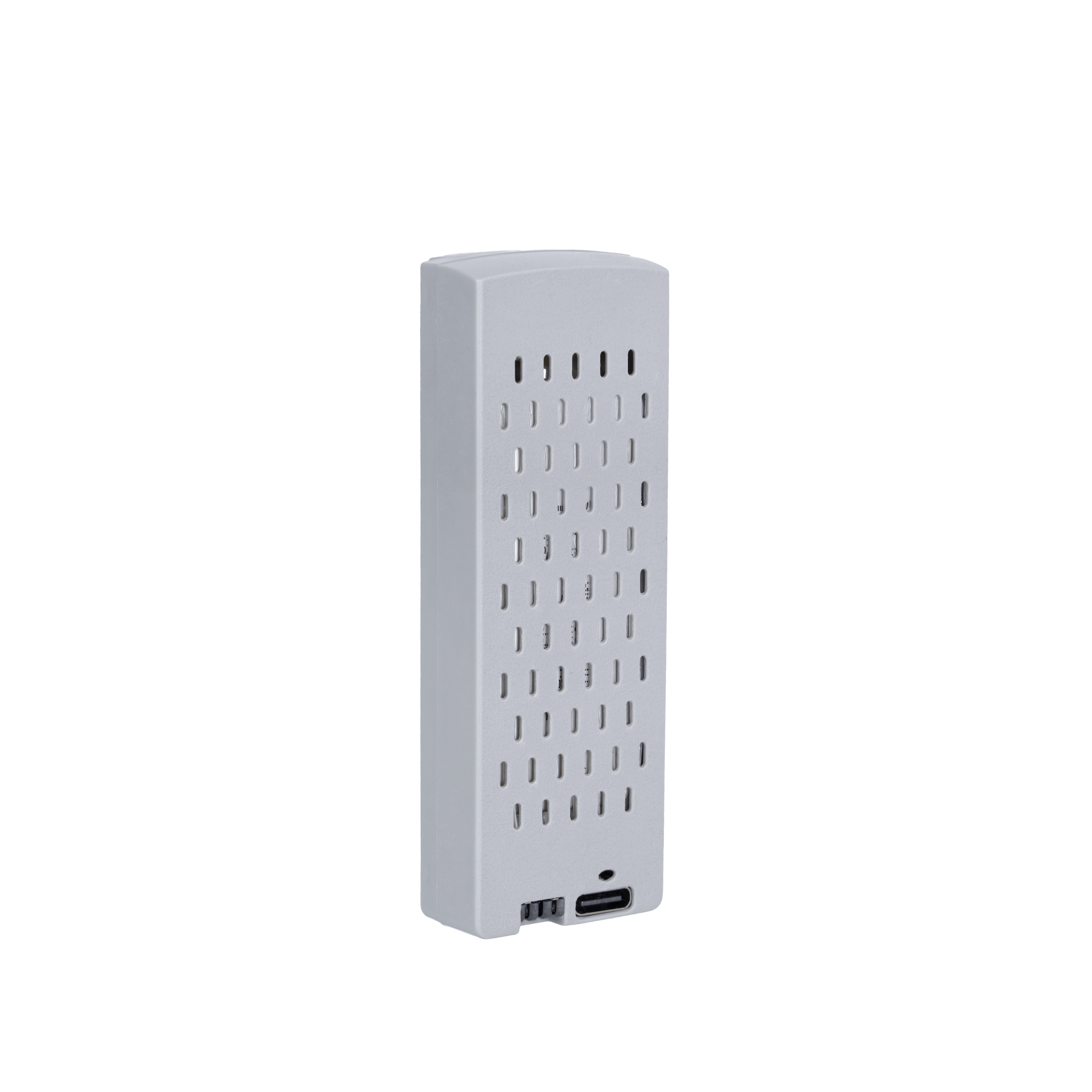 Ein weißer Akku mit Lüftungsschlitzen und USB-C-Anschluss.