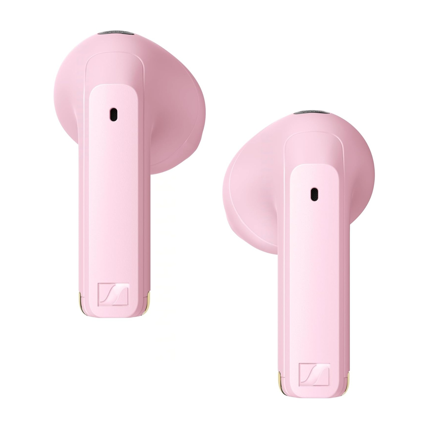 Due auricolari wireless rosa con accenti dorati e logo su sfondo bianco.