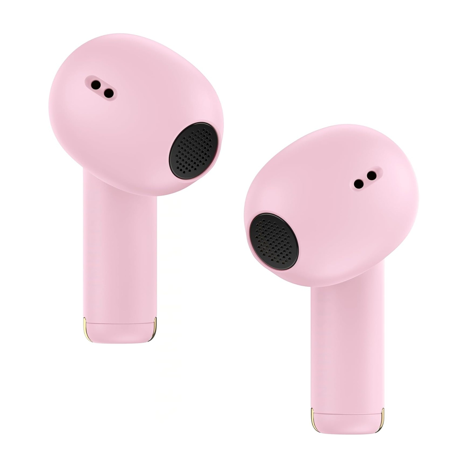 Due auricolari wireless rosa con accenti dorati su sfondo bianco.