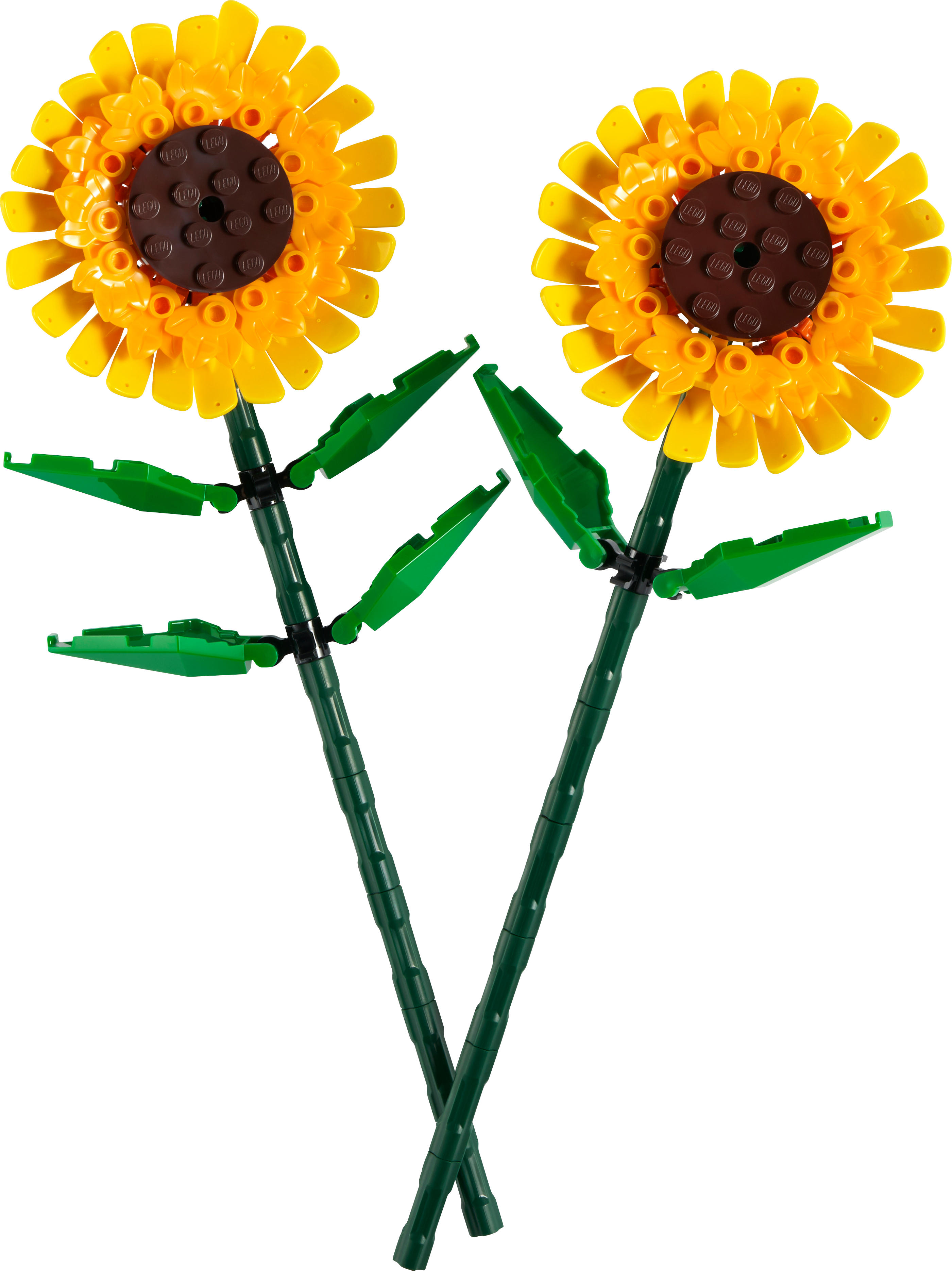 Zwei LEGO-Sonnenblumen mit gelben Blütenblättern und braunen Zentren auf grünen Stielen.