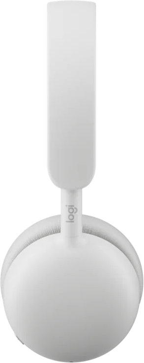 Fehér fejhallgató Logitech logóval a fejpánton. Felülnézet.