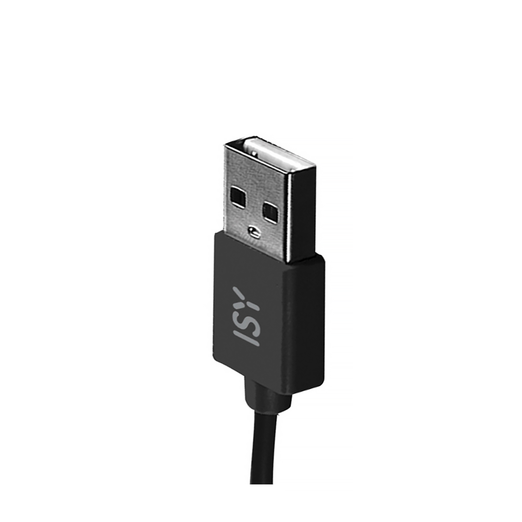 Un connettore USB nero con contatti argentati e logo ISY.
