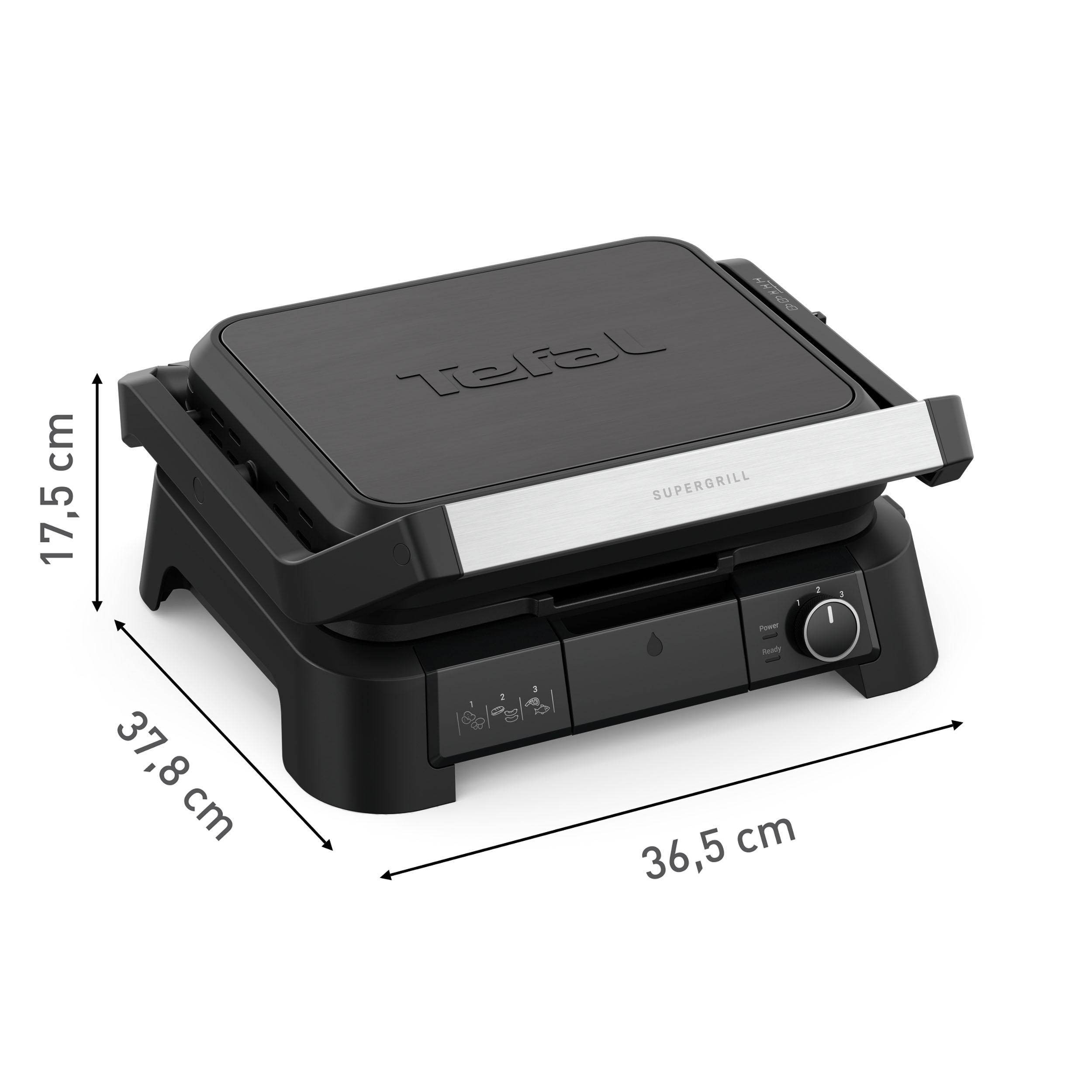 Ein schwarzer Tefal Supergrill mit Maßen von 37,8 x 36,5 x 17,5 cm.