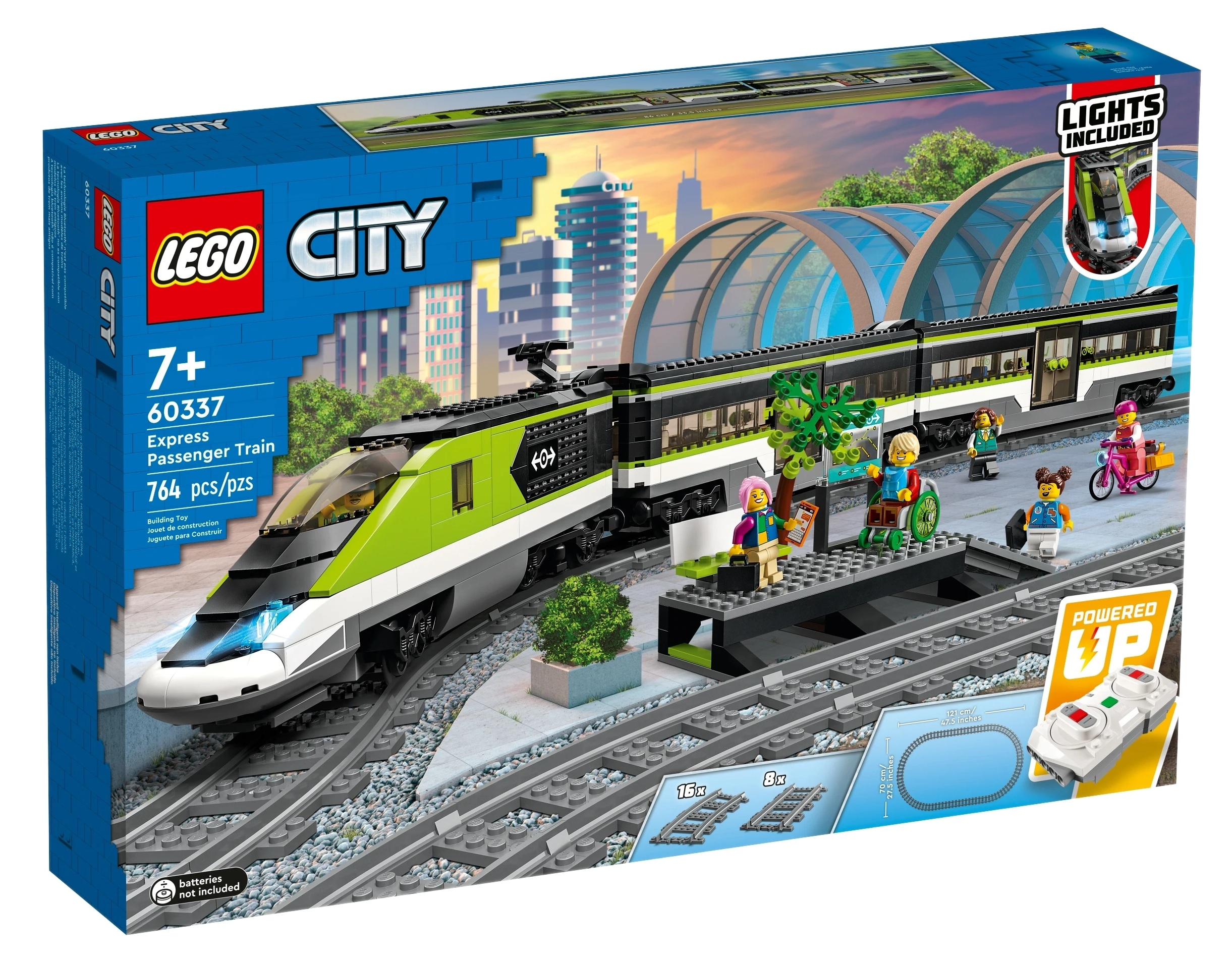 Zestaw pociągu pasażerskiego Lego City Express z figurkami na stacji o zachodzie słońca.