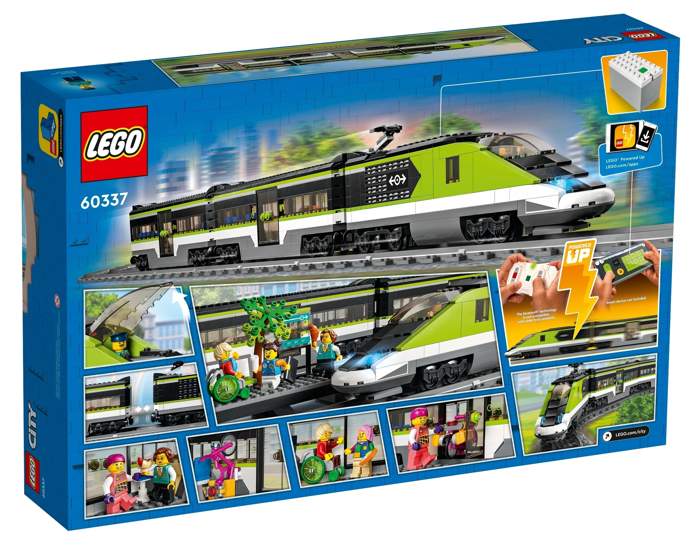 Zestaw pociągu Lego City 60337 z zielonymi i czarnymi wagonami i figurkami.