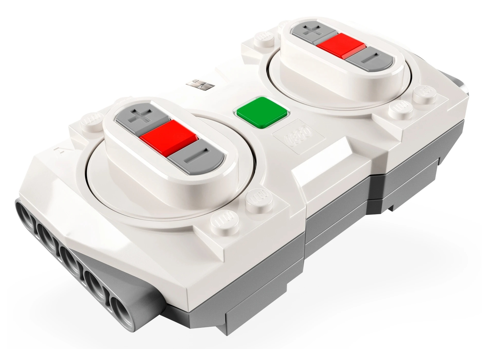 Biały kontroler Lego z szarymi i czerwonymi przyciskami oraz zielonym przyciskiem.