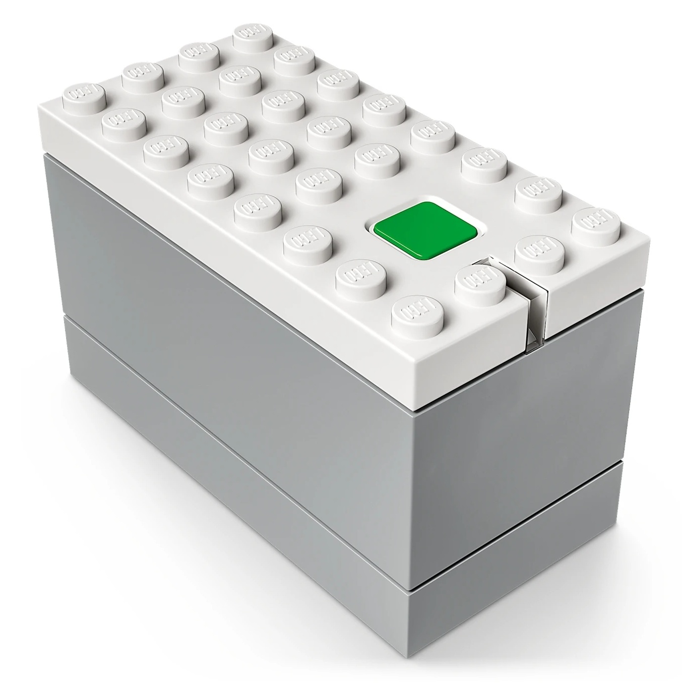 Szary klocek Lego z białym blatem i zielonym przyciskiem.