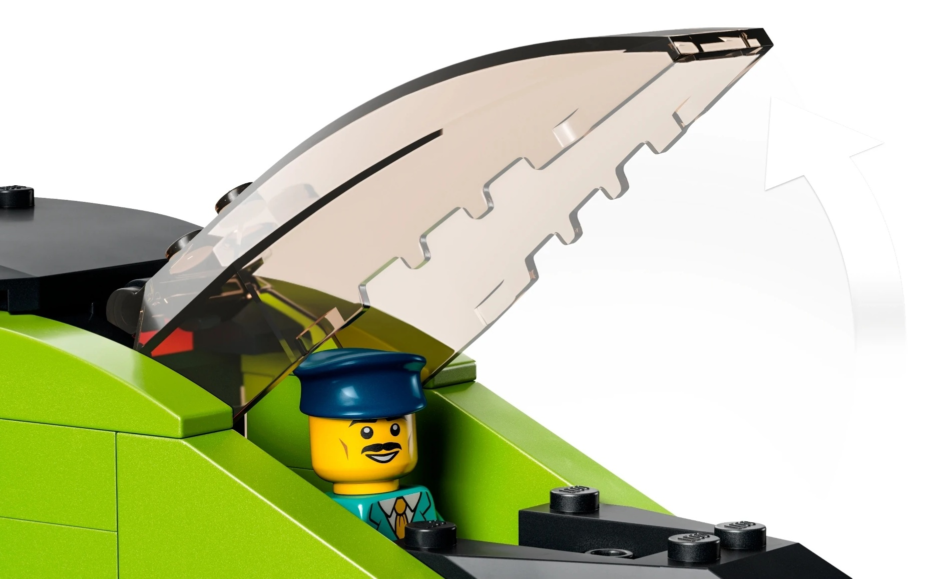 Pilot Lego w zielonym pojeździe z otwartą przezroczystą osłoną kabiny.