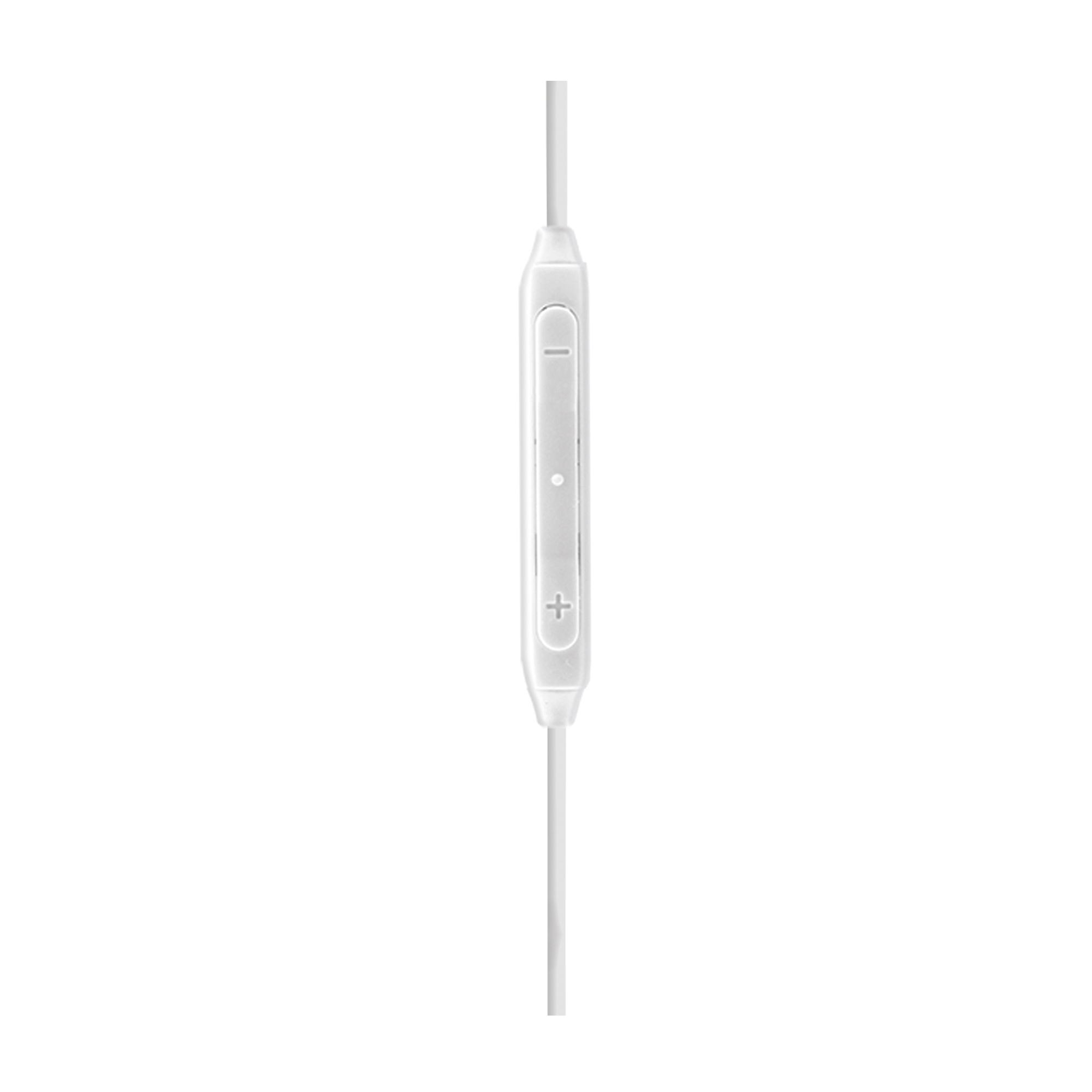 Controllo volume auricolare bianco con pulsanti più e meno.