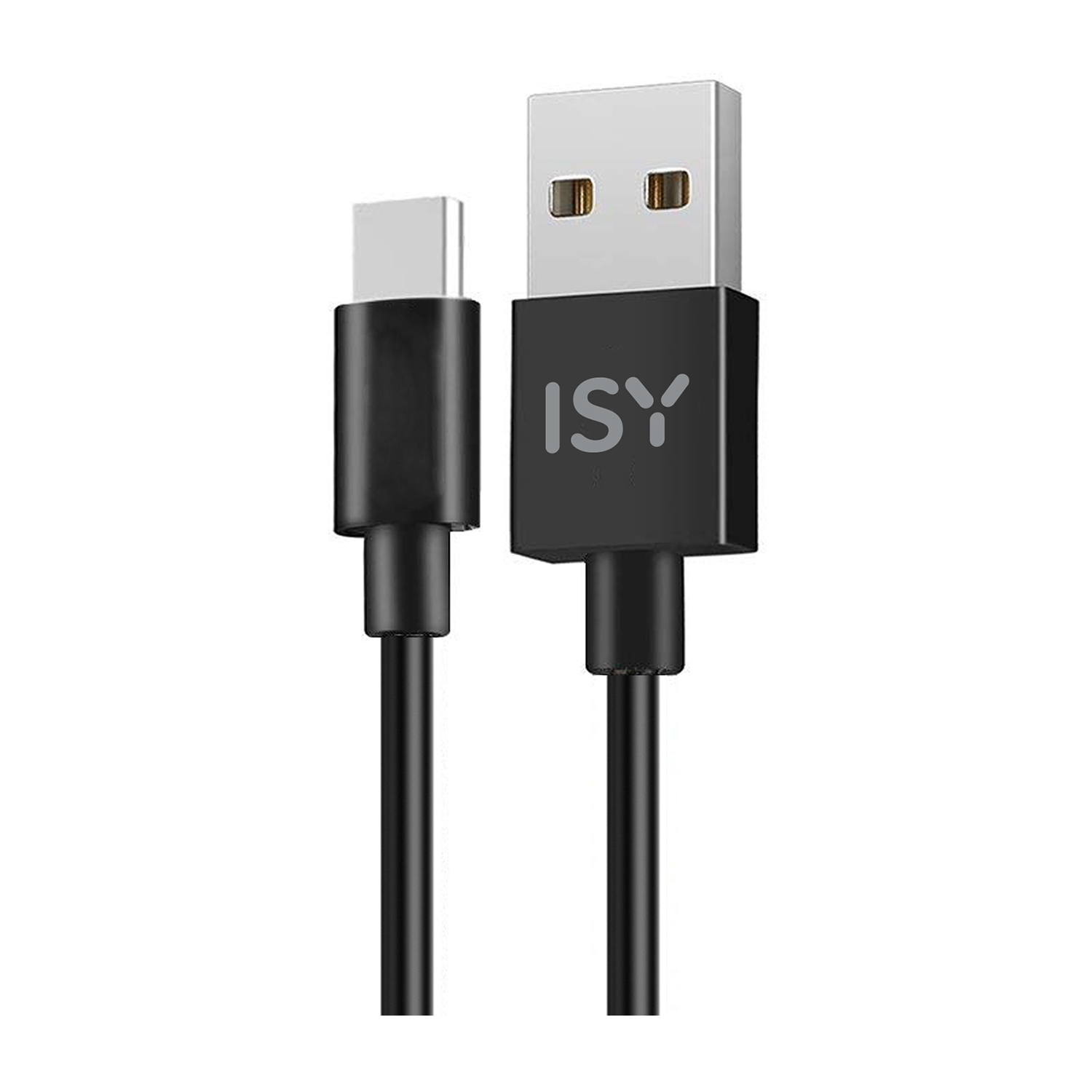Un cavo USB-C nero con logo ISY e connettore USB-A.
