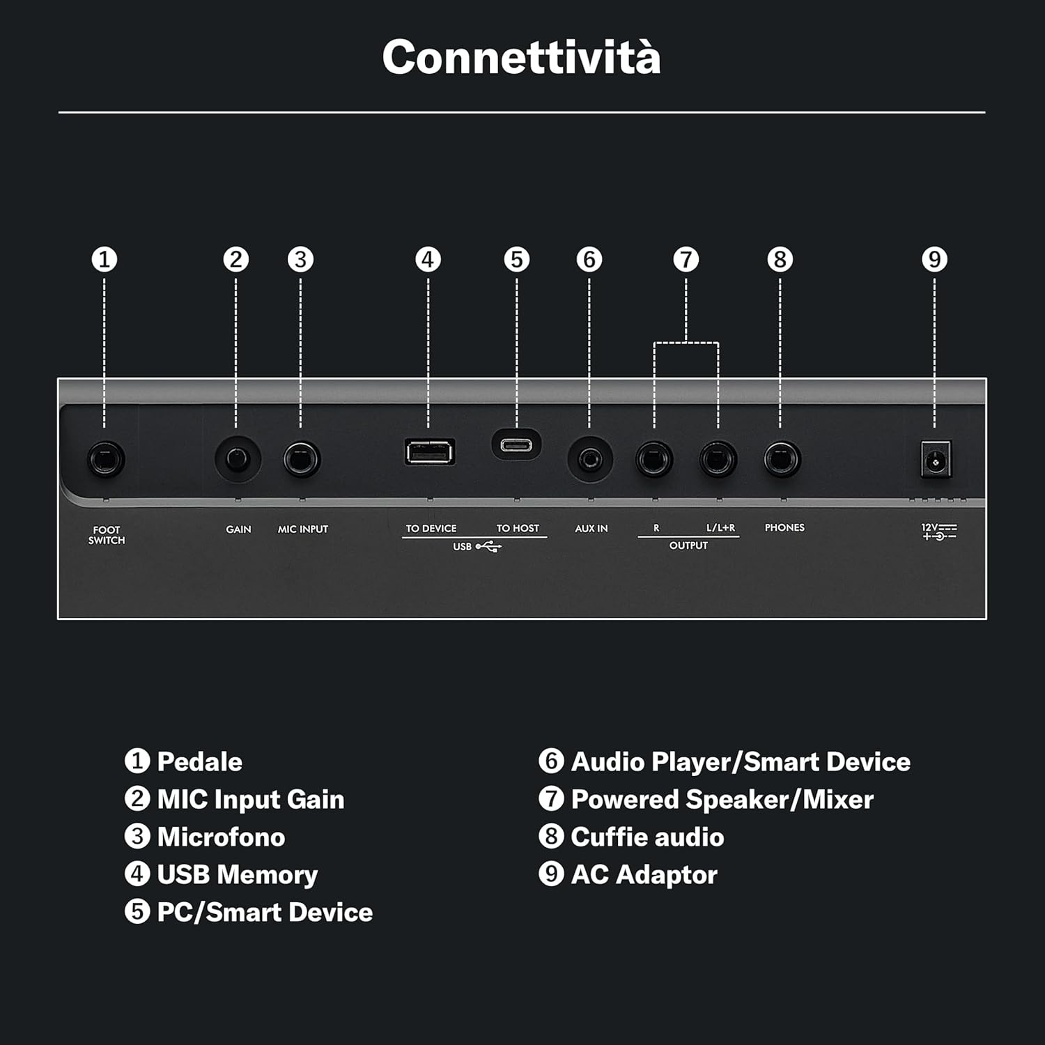Pannello connessioni con prese etichettate: footswitch, gain, mic, USB, aux, uscite, cuffie, alimentazione.