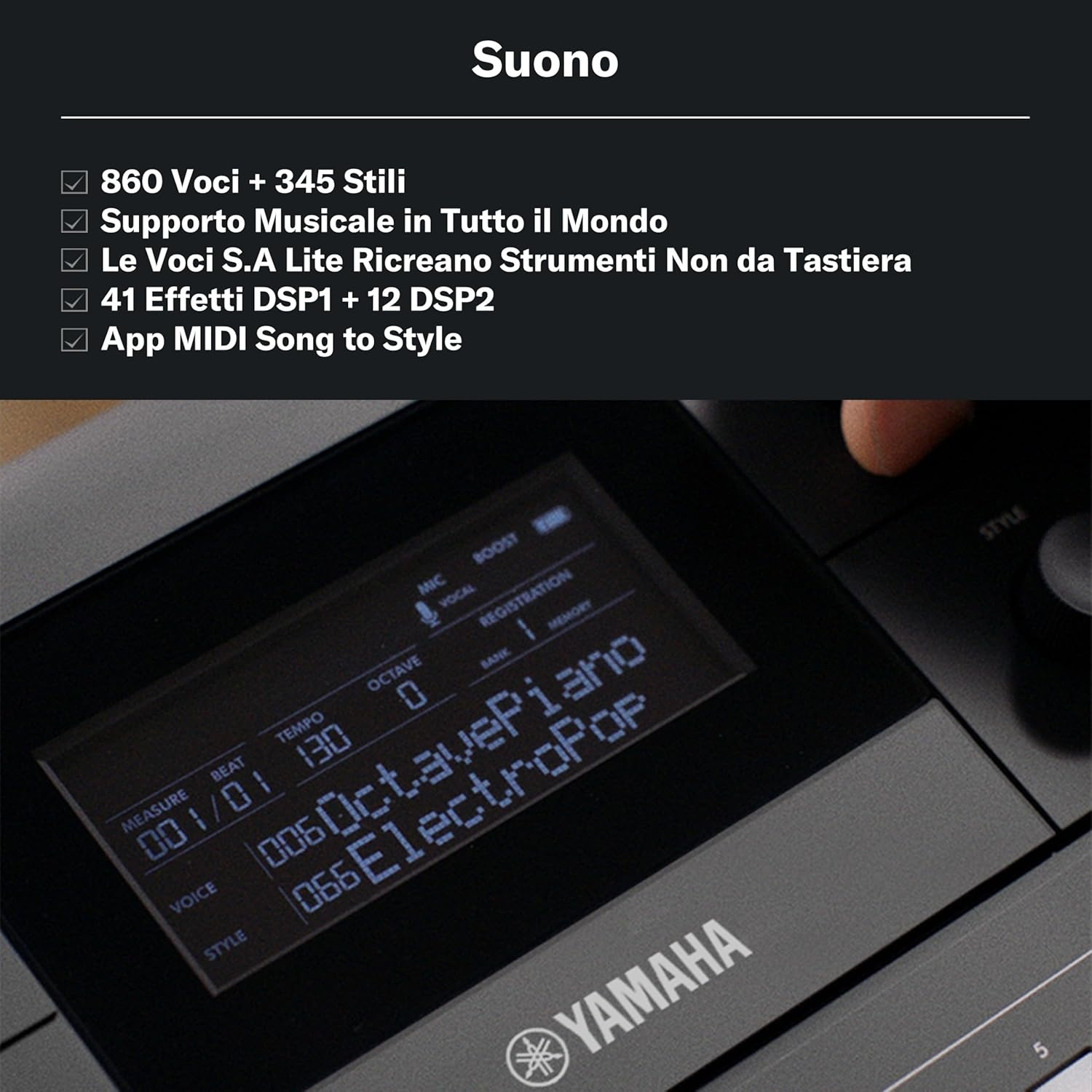 Display tastiera Yamaha mostra "860 Voci + 345 Stili" e "ElectroPOP".