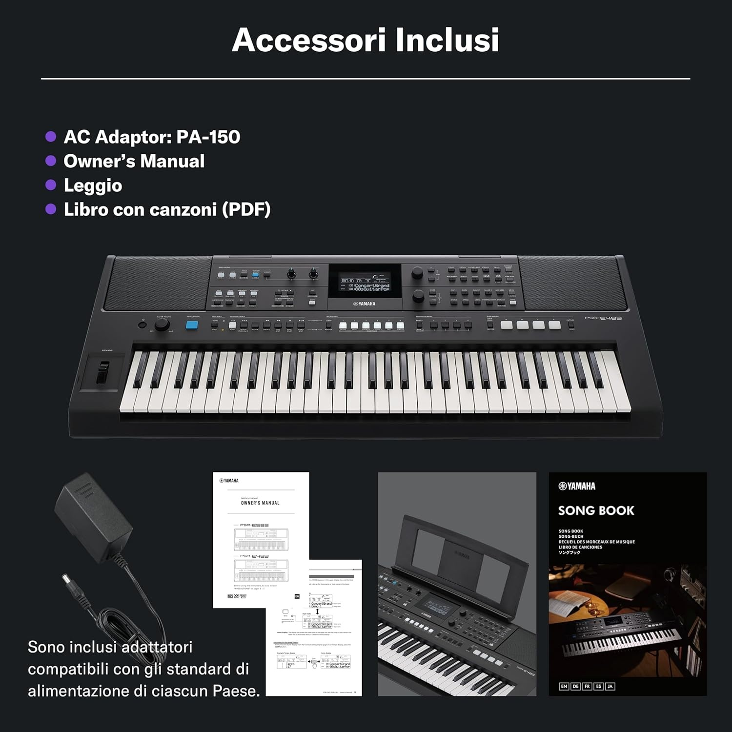 Accessori tastiera Yamaha: adattatore CA, manuale, leggio e libro canzoni.