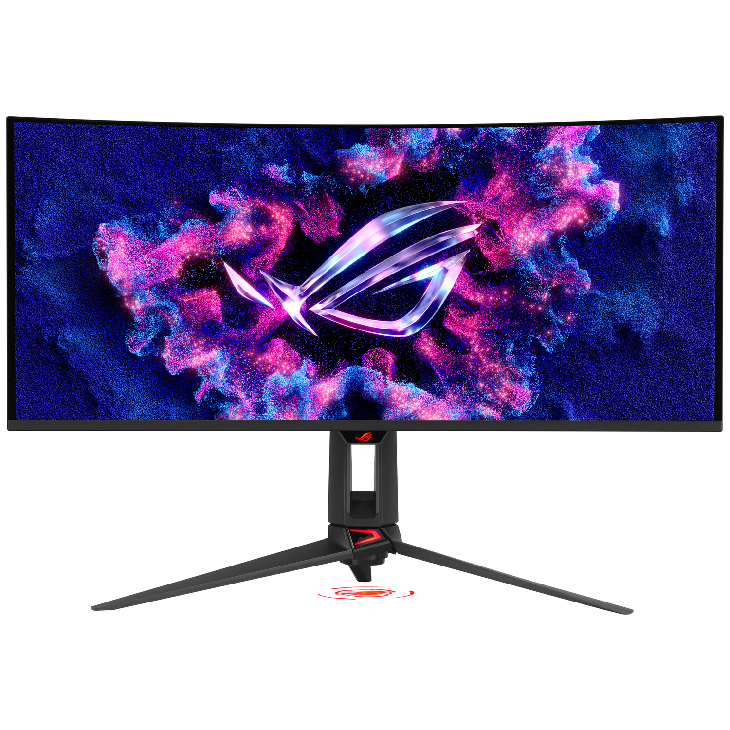 A curved gaming monitor displays the ROG logo against a backdrop of blue and pink particles.