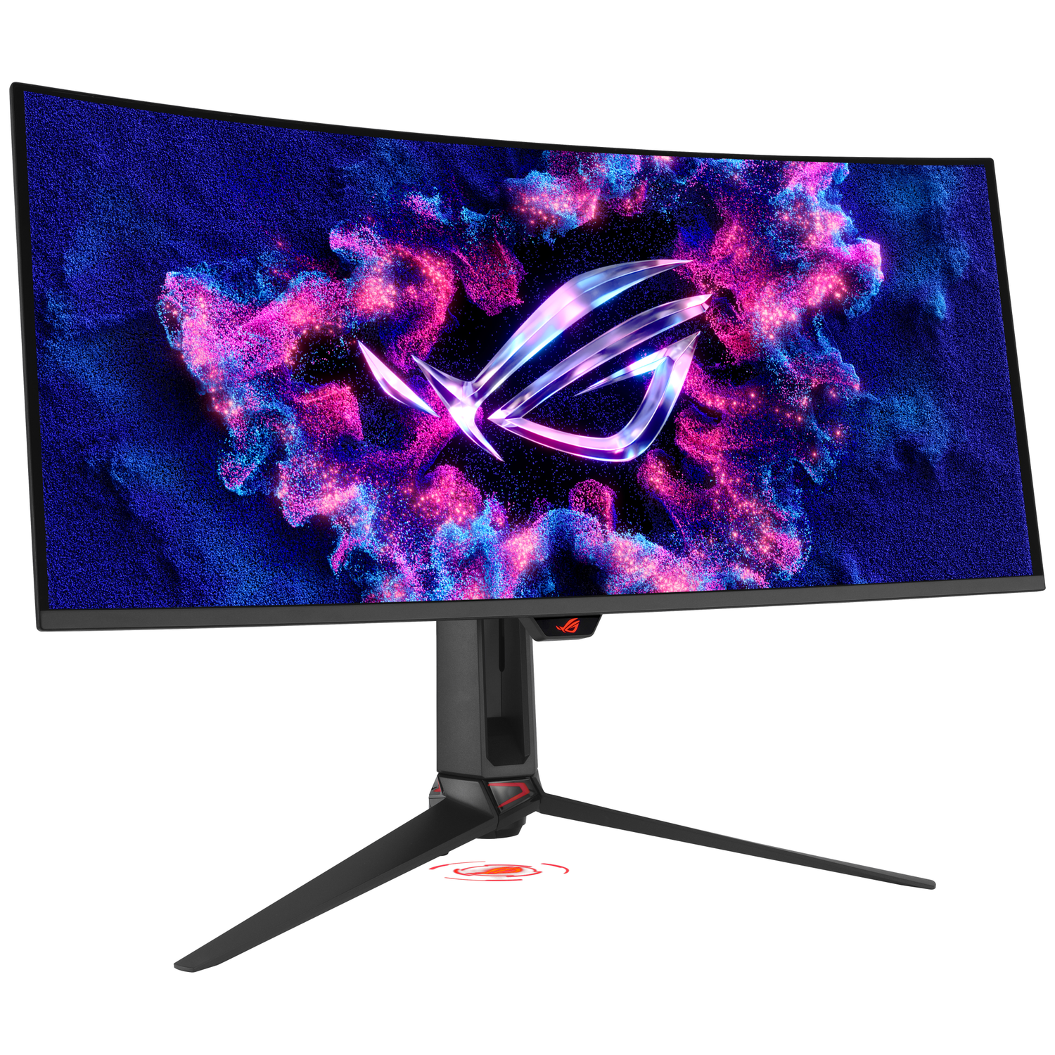 A curved monitor featuring the ROG logo against a colorful background.