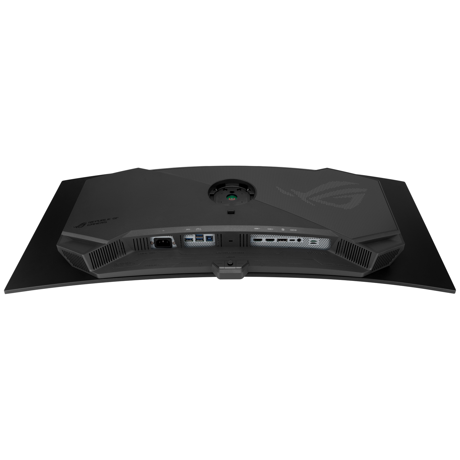 Back of a black monitor showing ports and the ROG logo.