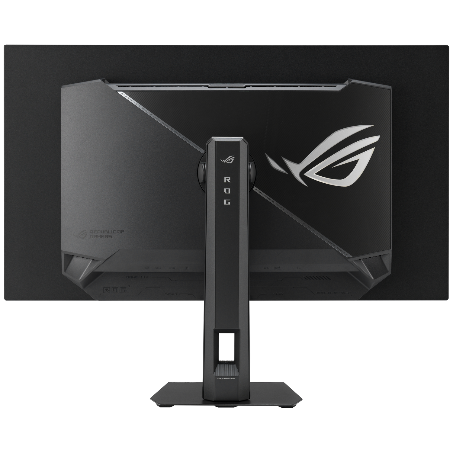 Back of a black monitor with ROG logo and stand. Ports are visible.