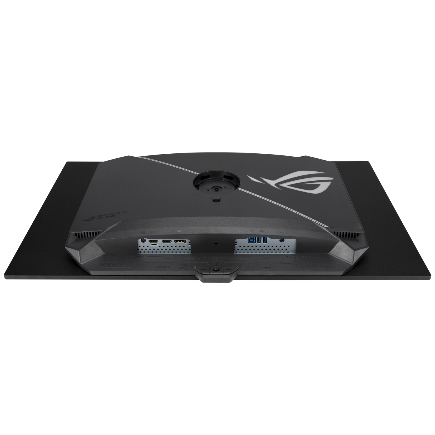 Back view of a black monitor with ports like HDMI and USB. ROG logo visible.