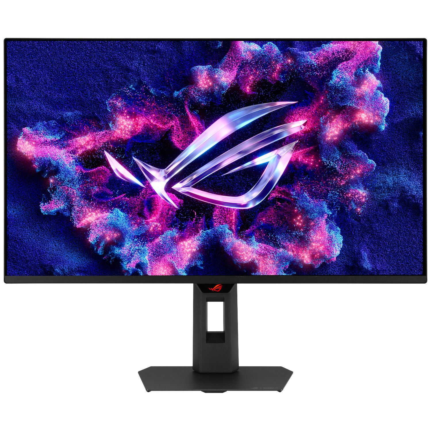 A gaming monitor displays a glowing ROG logo amidst a swirling nebula of pink and blue particles.