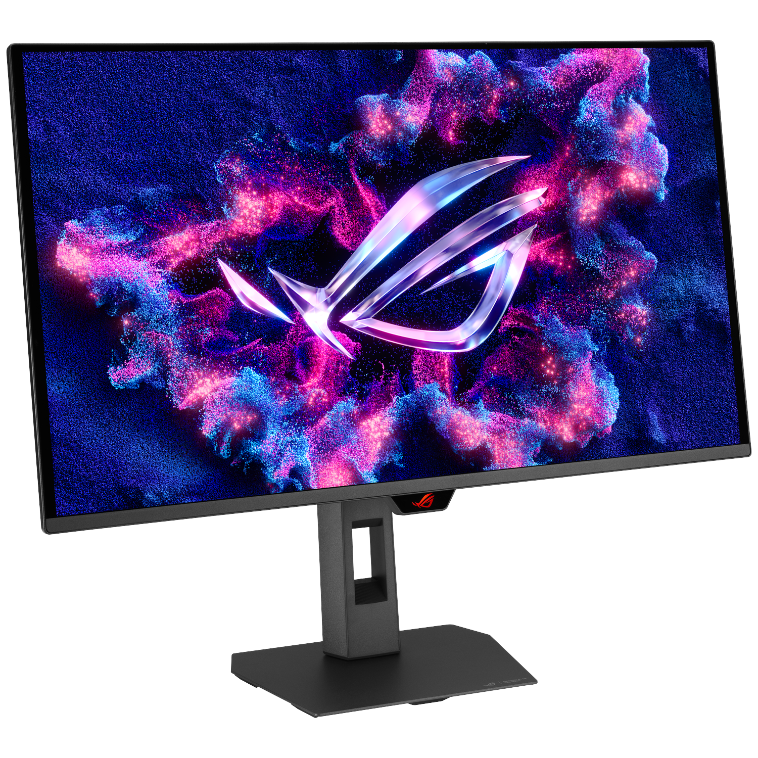 A monitor displaying the ROG logo over colorful, abstract particle graphics.