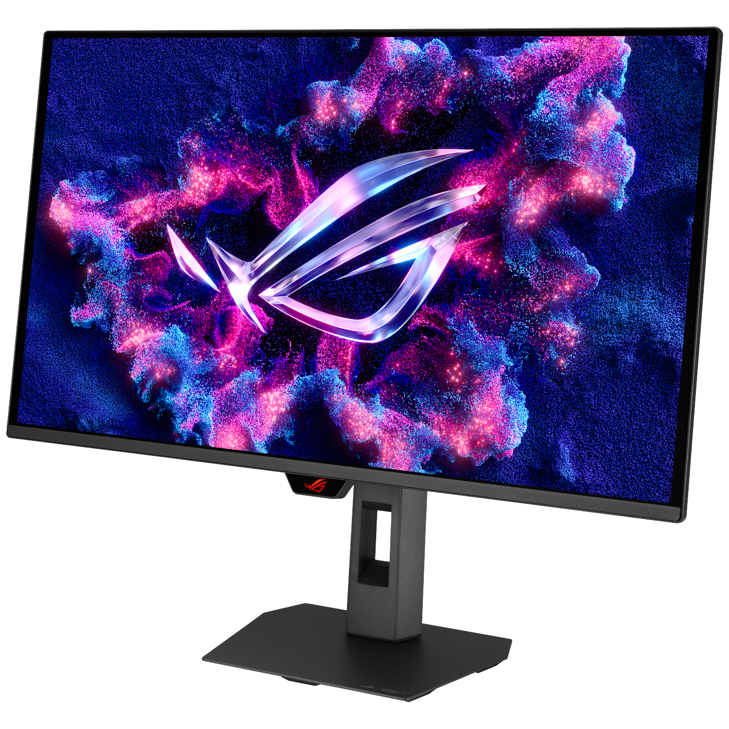 A gaming monitor displays a silver ROG logo against a purple and blue particle effect.