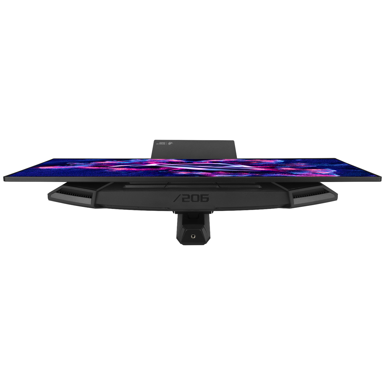 Black monitor with abstract, colorful screen, viewed from above.