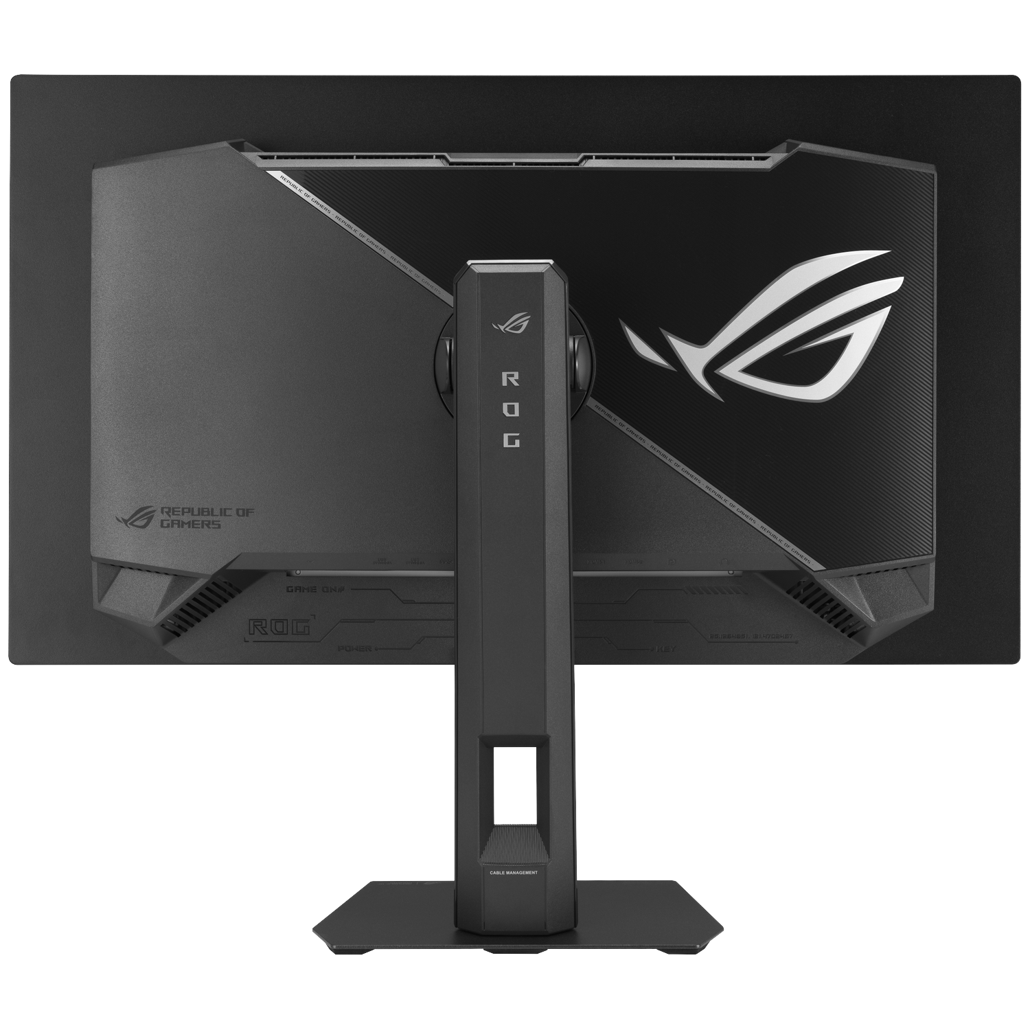 Back of a black monitor with ROG logo and stand.